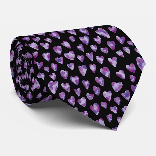 Cravate Motif de coeur d'amour noir violet (Roulé)
