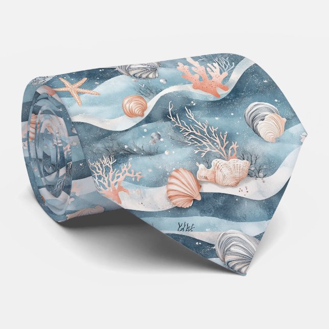 Cravate Motif de corail étoile de mer Aqua Marine (Roulé)