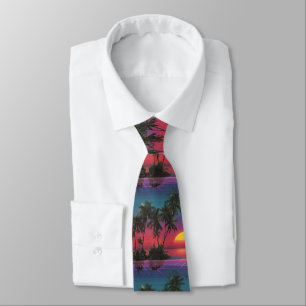 Cravate Motif de coucher de soleil avec palmiers Retro Syn