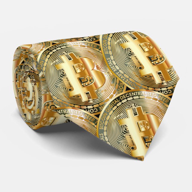 Cravate Motif de Cryptomonnaie Bitcoin Doré Puissance  (Roulé)