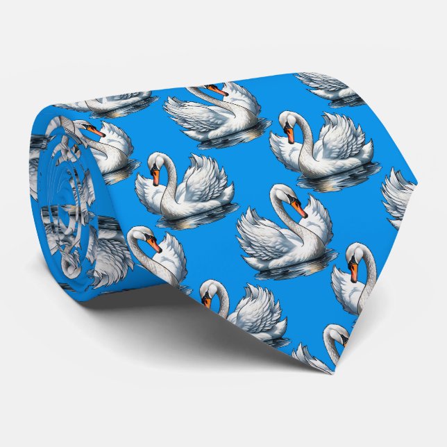 Cravate Motif de cygnes sur fond bleu  (Roulé)