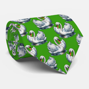 Cravate Motif de cygnes sur fond vert