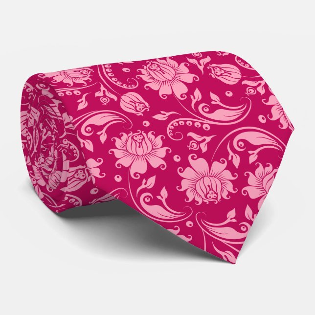 Cravate Motif De Damas Florales Rose Et Magenta (Roulé)