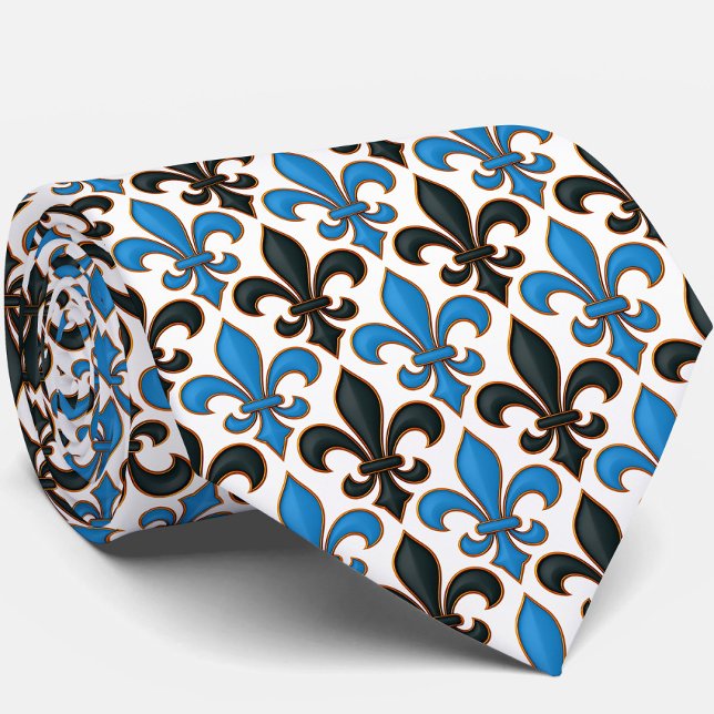 Cravate Motif de design baroque fleur de lis noir bleu  (Créateur téléchargé)