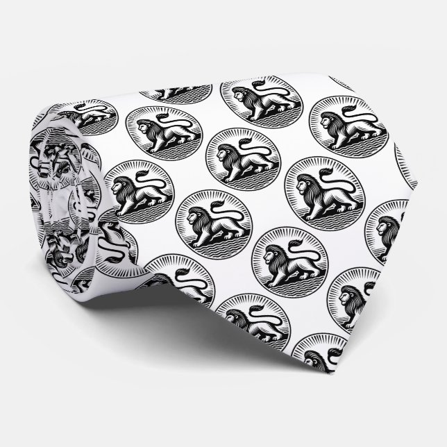 Cravate Motif de disque Lion - Noir sur Blanc (Roulé)