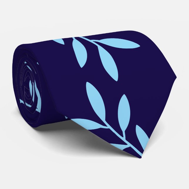 Cravate Motif de feuilles botaniques bleu clair et marine (Roulé)