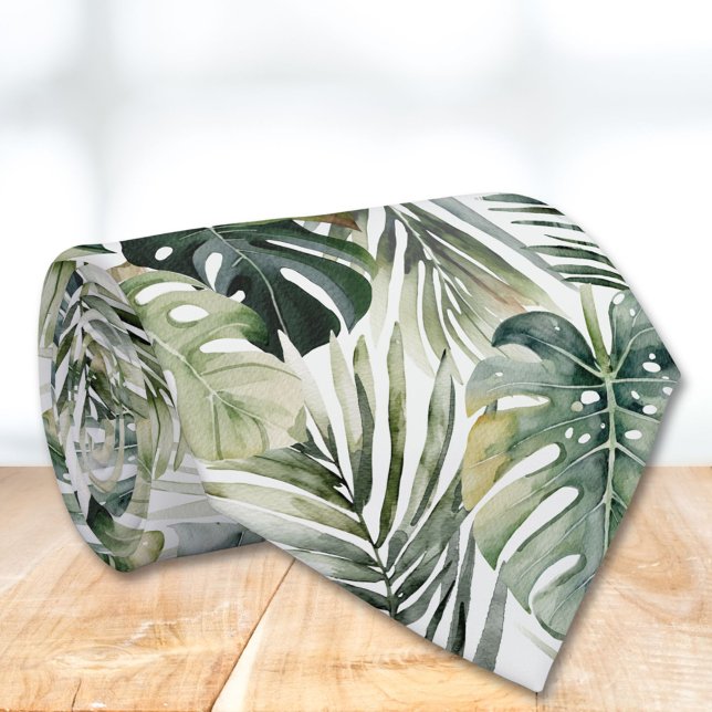 Cravate Motif de feuilles de forêt tropicale vert aquarell (In situ)