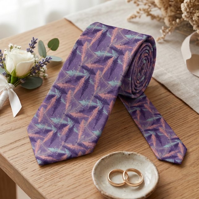 Cravate Motif de feuilles de fougère vert menthe violet or (Créateur téléchargé)