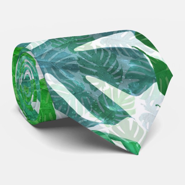 Cravate Motif de feuilles de palmier Monstera bleu vert tr (Roulé)