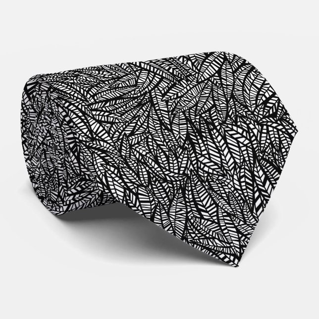 Cravate Motif de feuilles noir et blanc (Roulé)
