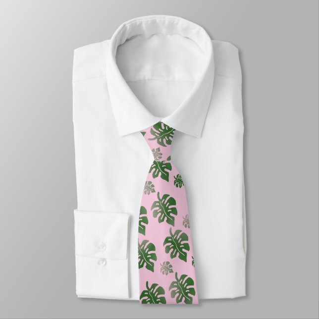 Cravate Motif de feuilles tropicales vert sur rose  (Attaché)