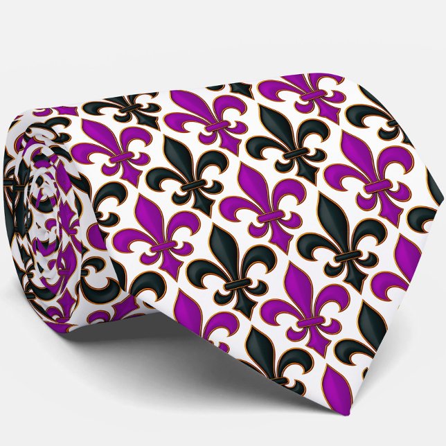 Cravate Motif de fleur de lis baroque noir violet  (Créateur téléchargé)