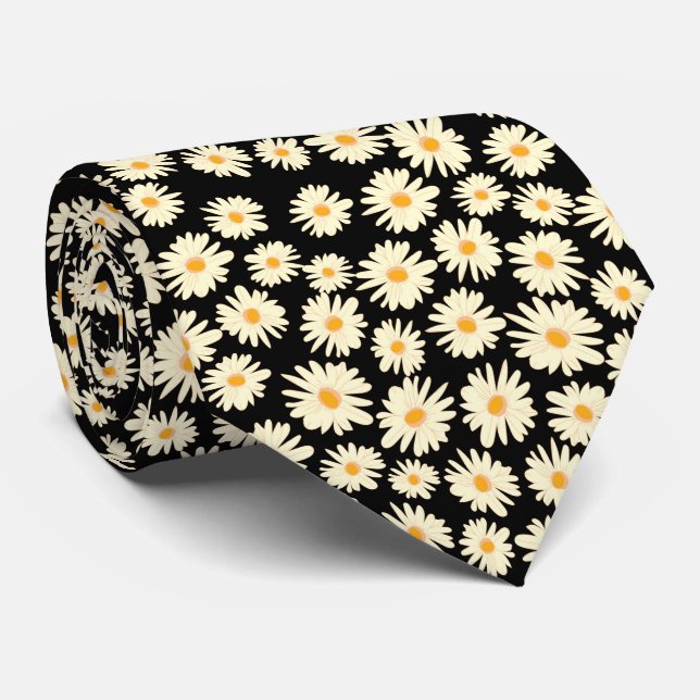 Cravate Motif de fleur de marguerite blanche orange noir (Roulé)
