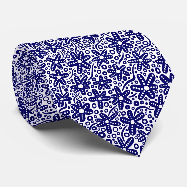 Cravate Motif de fleurs 240412 - Bleu noir sur blanc (Roulé)