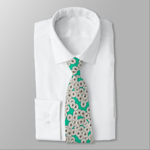 Cravate Motif de fleurs Art déco - blanc sur turquoise