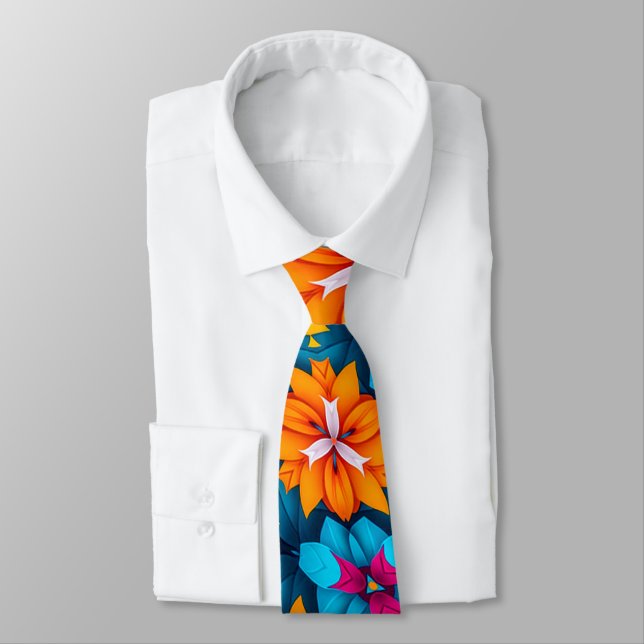Cravate Motif de fleurs bleues et orange (Attaché)