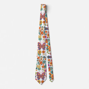 Cravate Motif de fleurs colorées rétro. BG blanc