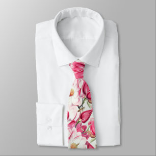 Cravate Motif de fleurs de magnolia rose aquarelle