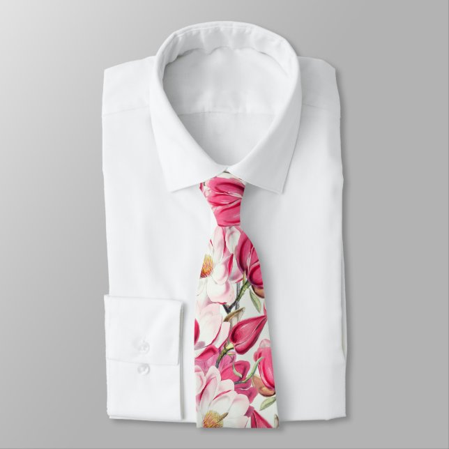 Cravate Motif de fleurs de magnolia rose aquarelle (Attaché)