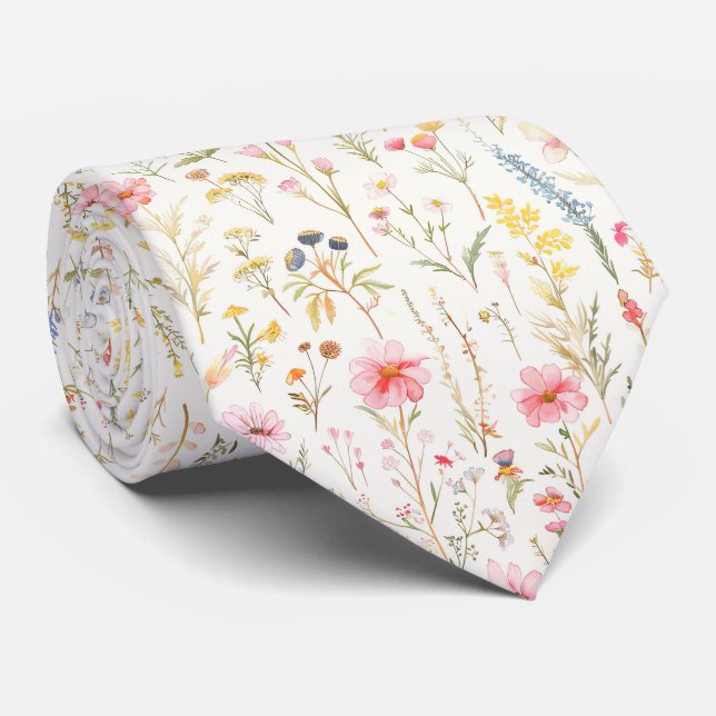 Cravate Motif de fleurs de prairie pastel (Roulé)