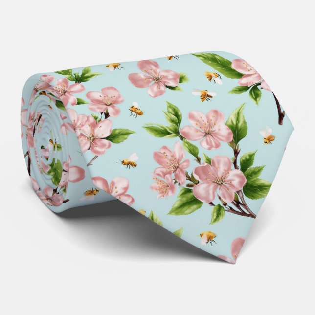 Cravate Motif de fleurs et d'abeilles de printemps (Roulé)