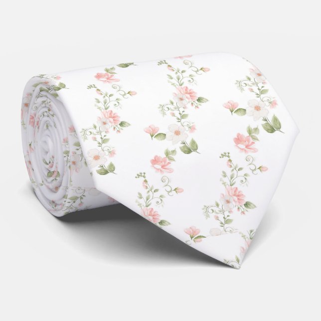 Cravate motif de fleurs rose aquarelle (Roulé)