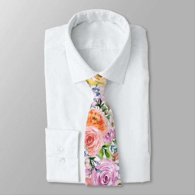Cravate Motif de fleurs Roses rose jaune blanc orange (Attaché)
