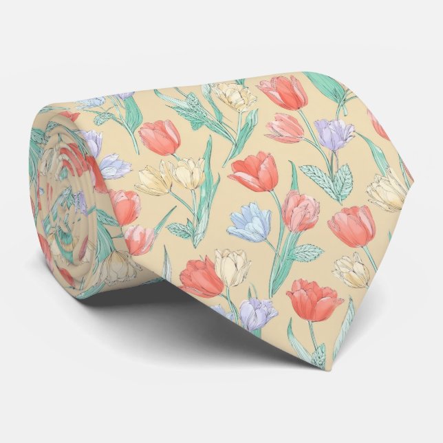 Cravate Motif de floraison de tulipe pastel (Roulé)