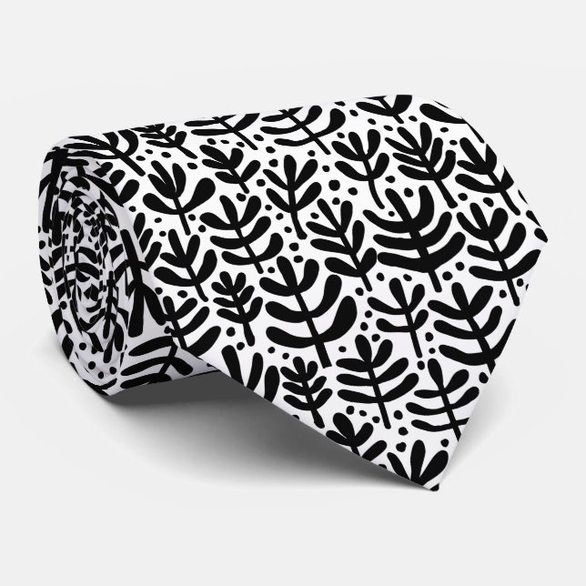 Cravate Motif de fougère - Noir et Blanc (Roulé)