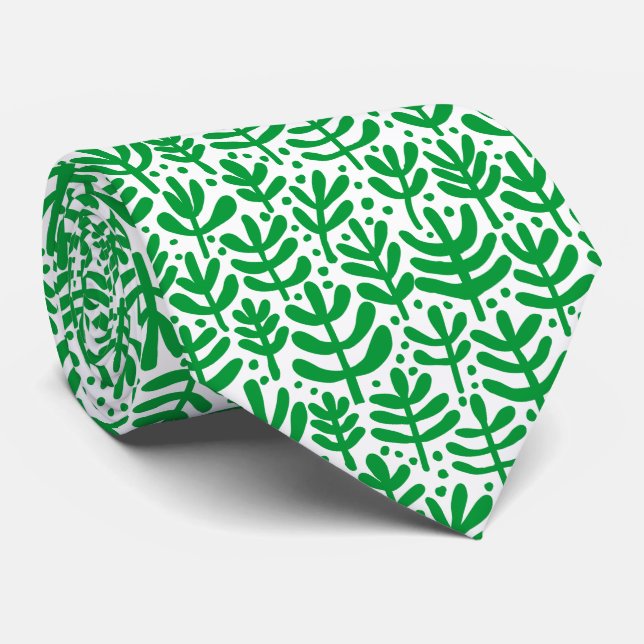 Cravate Motif de fougère - Vert gazon sur blanc (Roulé)