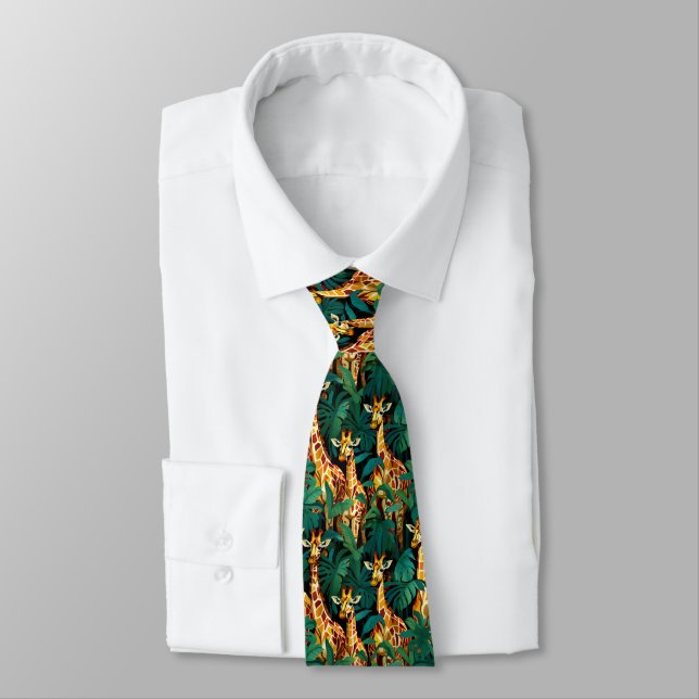 Cravate Motif de girafe dans une jungle verte et feuillue (Attaché)