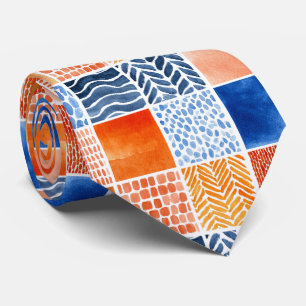 Cravate Motif de grille aquarelle dynamique en bleu et ora