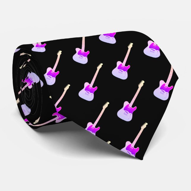Cravate Motif de guitare électrique violet sur noir (Roulé)