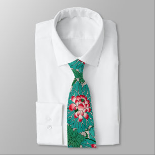 Cravate Motif de lotus chinois rouge rose sarcelle vert
