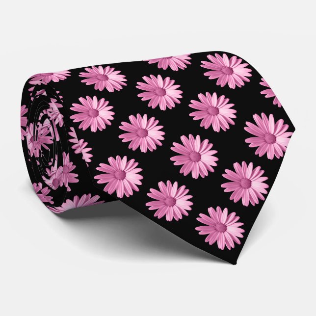 Cravate Motif de marguerite - Rose et Noir (Roulé)