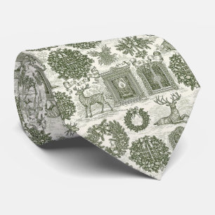 Cravate Motif de Noël Cerf Forêt Bois Toile Verte