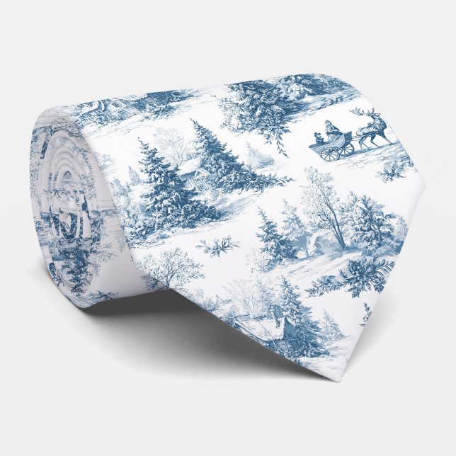Cravate Motif de Noël en toile bleue  (Roulé)