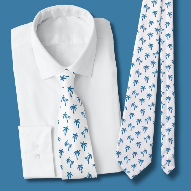 Cravate Motif de palmier tropical bleu (blue and white palm tree tie)