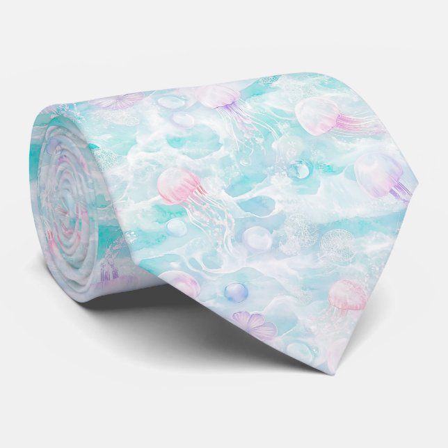 Cravate Motif de peinture à l'aquarelle de méduses côtière (Roulé)
