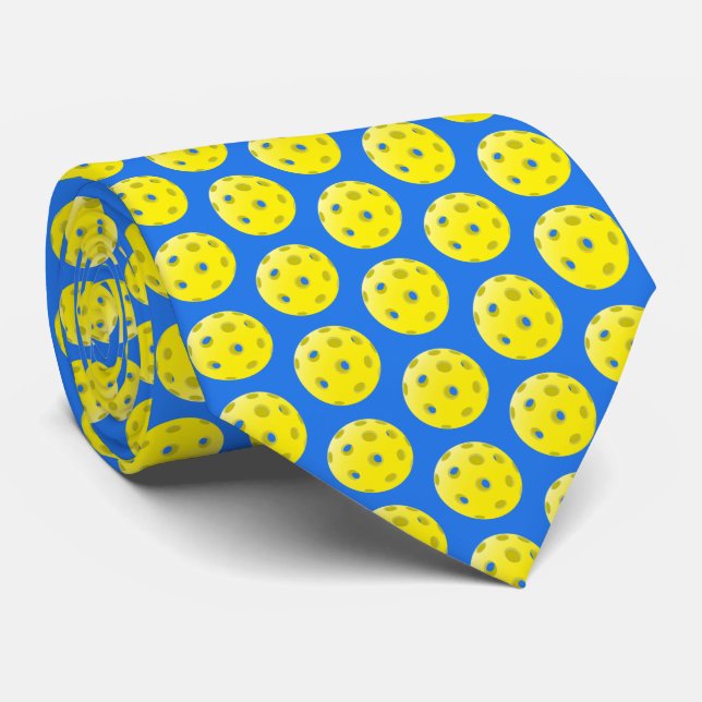 Cravate Motif de pickleball jaune sur fond bleu  (Roulé)