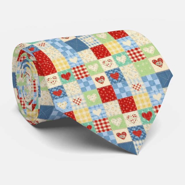 Cravate Motif de pique-nique Cœurs Patchwork Rustique (Roulé)