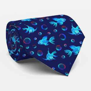 Cravate motif de poisson bleu