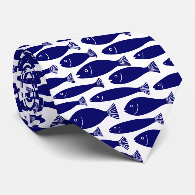 Cravate Motif de poisson - Bleu foncé sur blanc (Roulé)