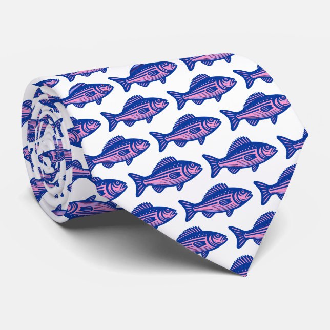 Cravate Motif de poisson - bleu marine et rose sur blanc (Roulé)