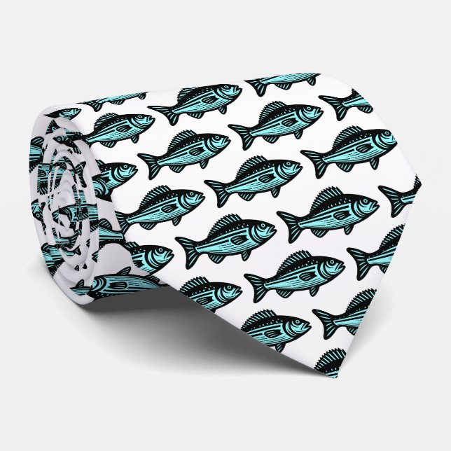Cravate Motif de poisson - noir et bleu glacé sur blanc (Roulé)