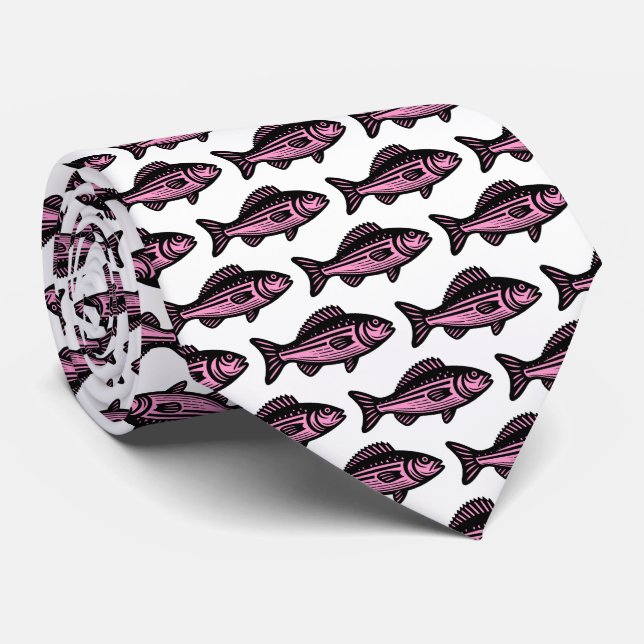 Cravate Motif de poisson - noir et rose sur blanc (Roulé)