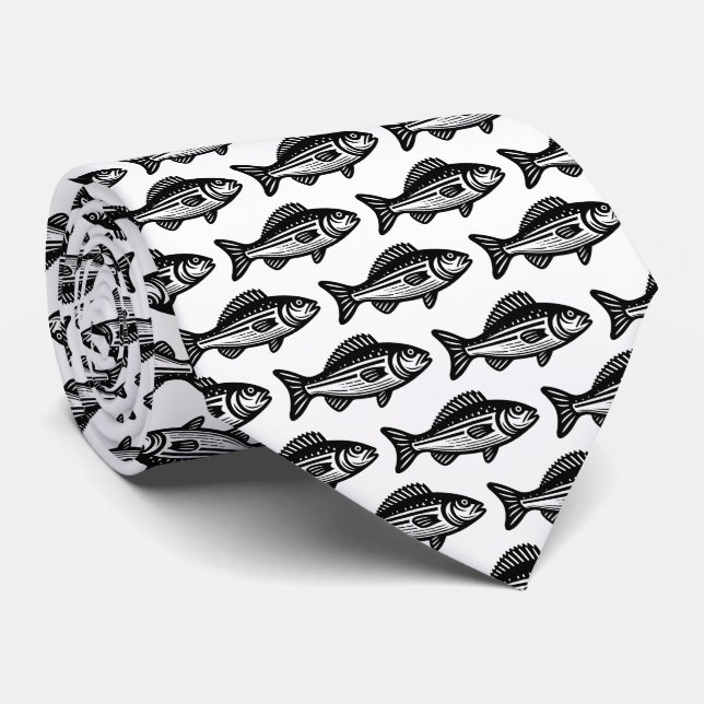 Cravate Motif de poisson - Noir sur blanc (Roulé)