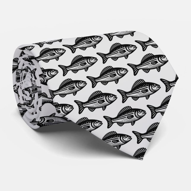 Cravate Motif de poisson - Noir sur gris clair (Roulé)