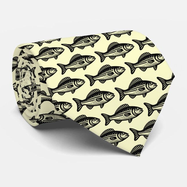 Cravate Motif de poisson - Noir sur jaune pâle (Roulé)