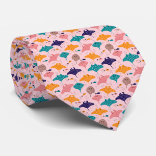 Cravate Motif de raie rose mignonne et poisson mantaray